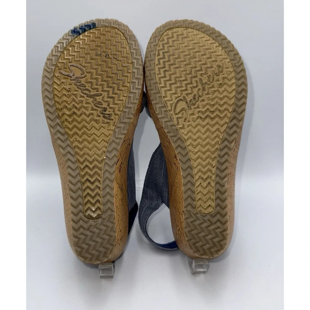 Skechers Luxe Foam Beverlee Blue Shimmer‎ Strappy Open Toe Cork Wedges Sz 7.5